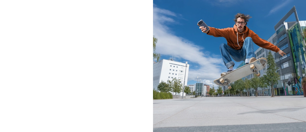A man is skating and holds a mobile phone