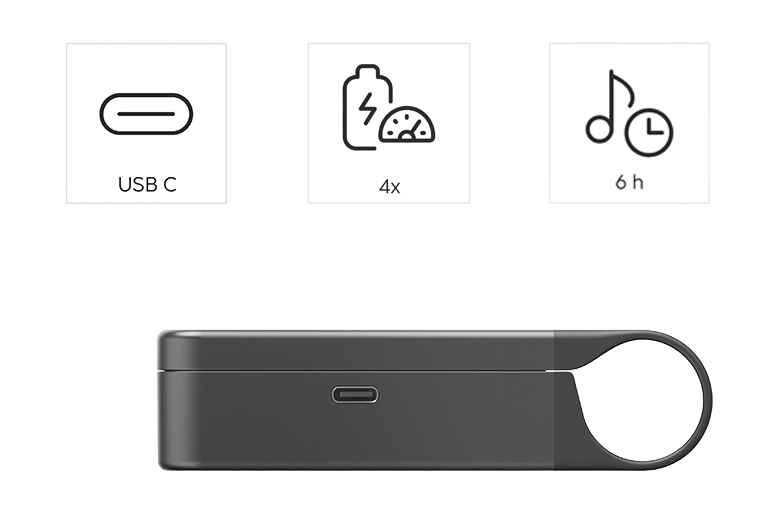Interfaz USB-C en la carcasa para cargar los auriculares.