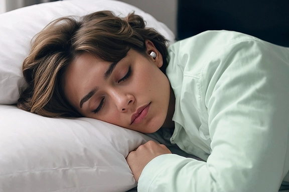 Mujer durmiendo en una cama con los auriculares True Wireless Spirit Calm en los oídos.