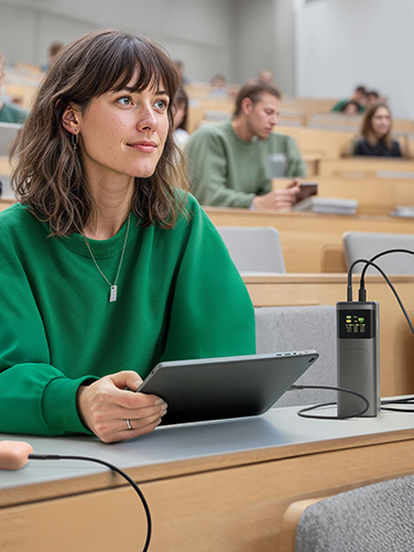 Una mujer está sentada en una conferencia. Está cargando su tableta y sus auriculares al mismo tiempo con un cargador portátil.