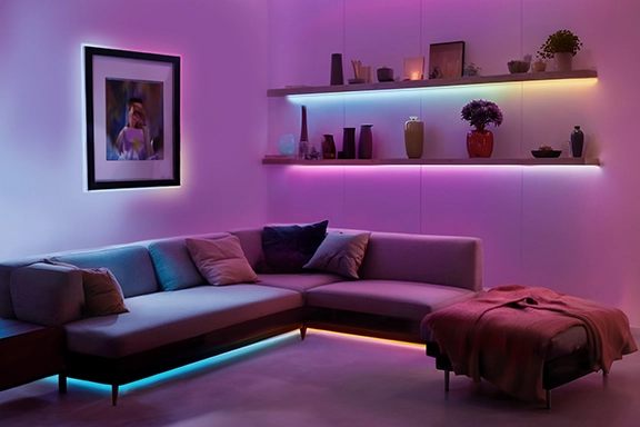 El salón se ilumina indirecta y atmosféricamente con las tiras LED de Hama, que se pegan bajo las estanterías y el sofá.