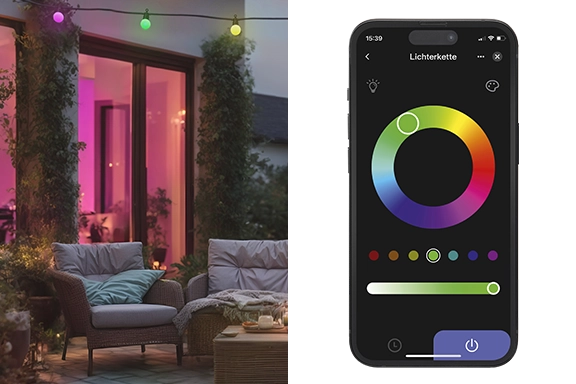 La imagen está dividida en dos partes. En la parte izquierda se puede ver una escena de jardín en la oscuridad, hábilmente escenificada por la cadena de luces LED de Hama. A la derecha, un smartphone con la aplicación Smart Home abierta.<br>