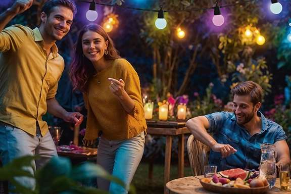 Tres jóvenes celebran una fiesta en el jardín en el ambiente más hermoso<br>