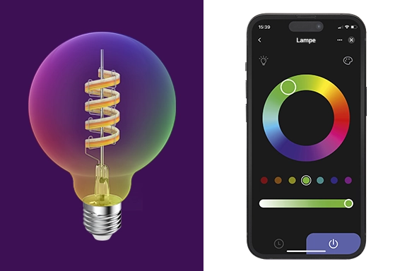 El lado izquierdo muestra un recorte de la Hama Smart Lamp E27, mientras que el derecho muestra un smartphone con la aplicación Smart Home abierta.